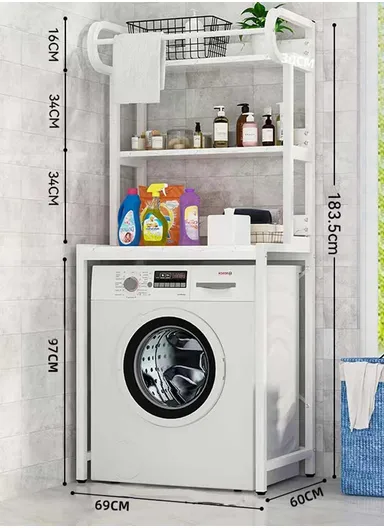 3-Layer Shelf Over The Washing Machine Bathroom Space Saving Organizer Rack, with Clothes Hanging Rod Z-09 (W69 x D60 x H183.5)cm- White