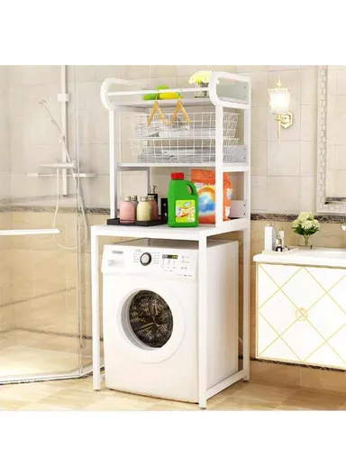 3-Layer Shelf Over The Washing Machine Bathroom Space Saving Organizer Rack, with Clothes Hanging Rod Z-09 (W69 x D60 x H183.5)cm- White