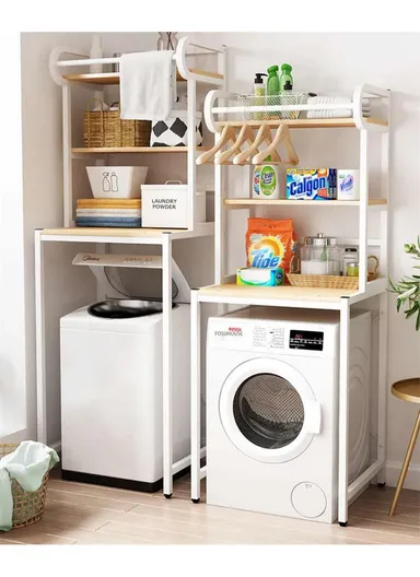 3-Layer Shelf Over The Washing Machine Bathroom Space Saving Organizer Rack, with Clothes Hanging Rod Z-09 (W69 x D60 x H183.5)cm- White