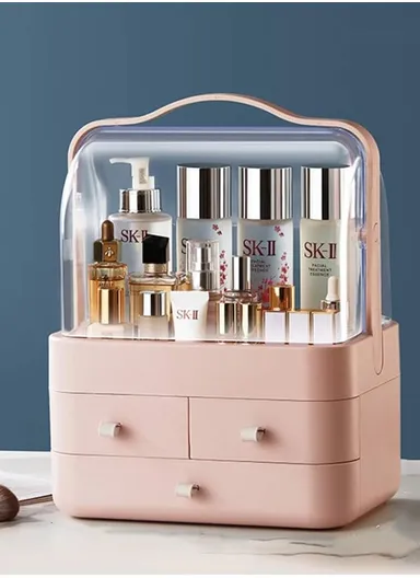 3-Drawers Large Capacity Cosmetics Organizer Box, Multi-Use Makeup Organizer Box with Built-in Transparent Open Cover (W26 x D18 x H36)cm - Pink