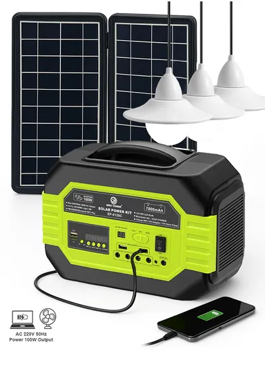100W 7Ah Multifunctional Solar Power System with AC Output, Power Bank Function, 3 DC Bulbs, Bluetooth Speaker, Inverter, Foldable Adjustable Angle Solar Panel, 2-USB Ports, For Emergency, Picnic, Camping &amp; Outdoor E