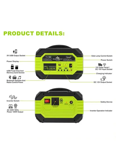 100W 7Ah Multifunctional Solar Power System with AC Output, Power Bank Function, 3 DC Bulbs, Bluetooth Speaker, Inverter, Foldable Adjustable Angle Solar Panel, 2-USB Ports, For Emergency, Picnic, Camping &amp; Outdoor E