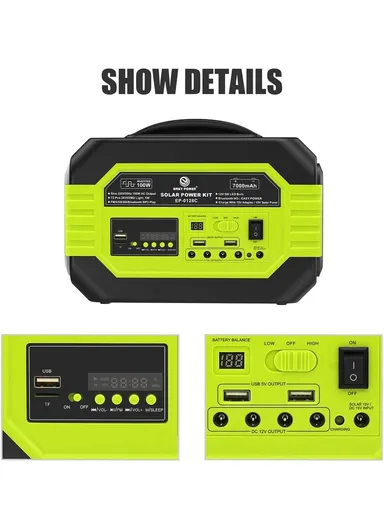 100W 7Ah Multifunctional Solar Power System with AC Output, Power Bank Function, 3 DC Bulbs, Bluetooth Speaker, Inverter, Foldable Adjustable Angle Solar Panel, 2-USB Ports, For Emergency, Picnic, Camping &amp; Outdoor E