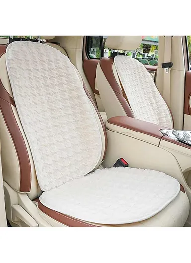 2Pcs Soft Plush Car Front Seat Mat + 2pcs Non-slip Backrest Cushion Cover - Beige