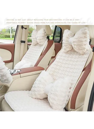 2Pcs Soft Plush Car Front Seat Mat + 2pcs Non-slip Backrest Cushion Cover - Beige