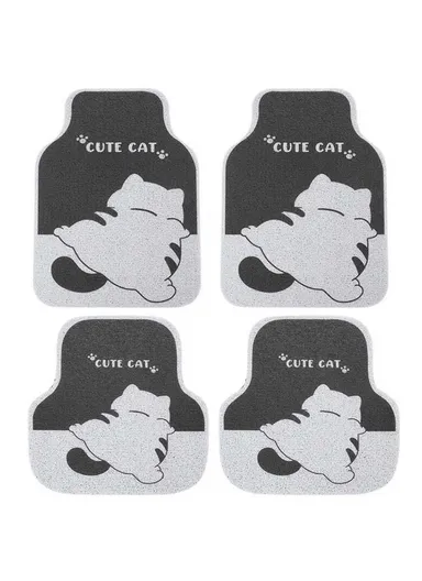 4Pcs/Set Vehicle Floor Protector Mats for Front and Rear Non-slip Wire Loop Car Interior Carpet - Cute Cat