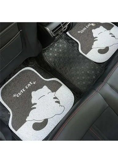 4Pcs/Set Vehicle Floor Protector Mats for Front and Rear Non-slip Wire Loop Car Interior Carpet - Cute Cat