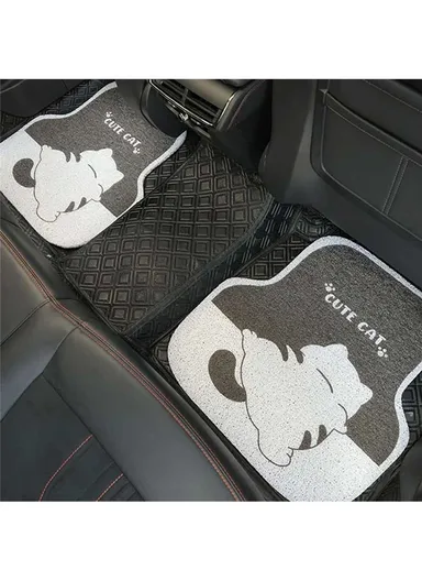4Pcs/Set Vehicle Floor Protector Mats for Front and Rear Non-slip Wire Loop Car Interior Carpet - Cute Cat