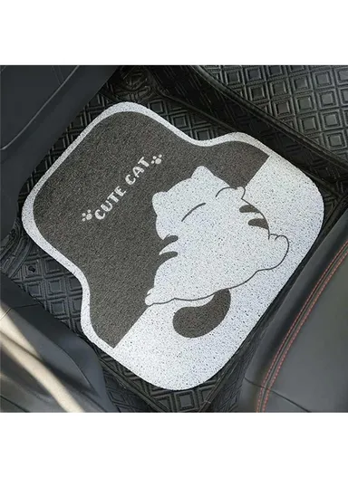 4Pcs/Set Vehicle Floor Protector Mats for Front and Rear Non-slip Wire Loop Car Interior Carpet - Cute Cat