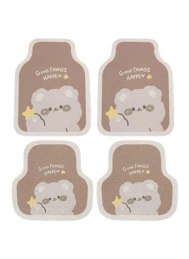4Pcs Set Vehicle Floor Protector Mats For Front &amp; Rear Non-slip Wire Loop Car Interior Carpet - Brown Bear