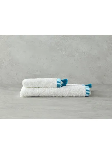 Colorful Lines Cotton Fringed Face Towel 50x80 cm Ecru - Blue