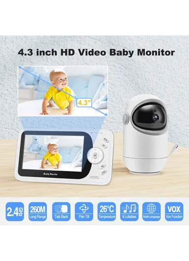 2.4GHz 720P Two-Way Wireless Baby Monitor With 4.3" LCD Screen, VOX Mode, 8 Songs, Night Vision, Alarm &amp; Temperature Display VB801