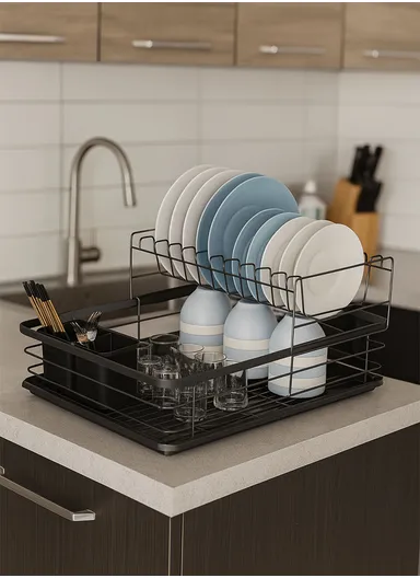 1-Layer Extendable Dish Rack Cutlery Cup Plate Rack Holder for kitchen bench WDJ-8026-BK (W53 x D41 x H14)cm - Black