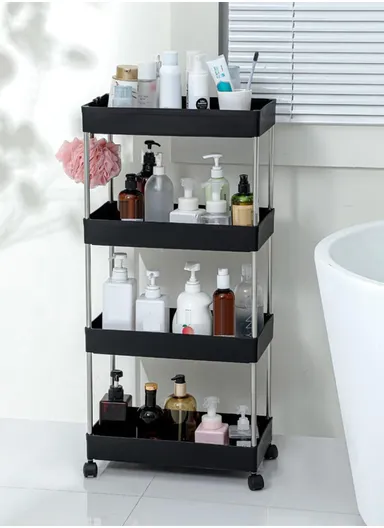 4 Tiers Bathroom Wide Type Trolley Cart Rolling Utility Cart Mobile Storage Shelving Organizer (L40 x W22 x H85)cm - Black