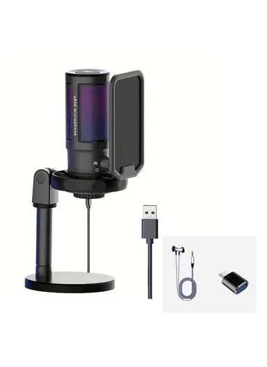 Metal USB Microphone Kit With RGB Light Round Base Stand For PC Livestreaming Game U850