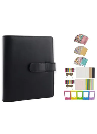 7-in-1 3-inch Photos 256 Pockets PU Leather PVC Album Frame Stickers Set Accessories Kit - Black
