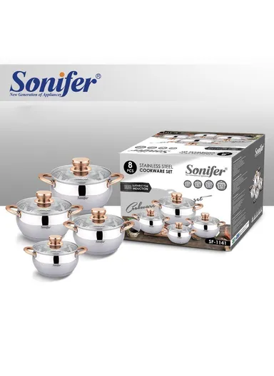 8Pcs 16/18/20/24cm Stainless Steel Cookware Set Casseroles with 4 Matching Lids SF-1141