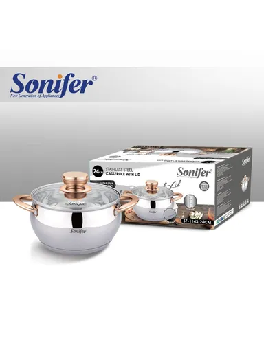 24cm 6.1L Wear-Resistant Stainless Steel Casserole With Glass Lid SF-1143