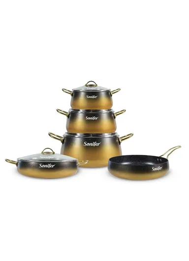 9Pcs 20/24/28cm Wear-Resistant Non-Stick Granite Cookware Set Casseroles with 24cm Deep Fry Pan, 20cm Shallow Pot &amp; 4 Matching Lids SF-1154 - Golden