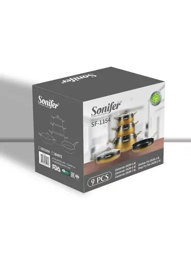 9Pcs 20/24/28cm Wear-Resistant Non-Stick Granite Cookware Set Casseroles with 24cm Deep Fry Pan, 20cm Shallow Pot &amp; 4 Matching Lids SF-1154 - Golden