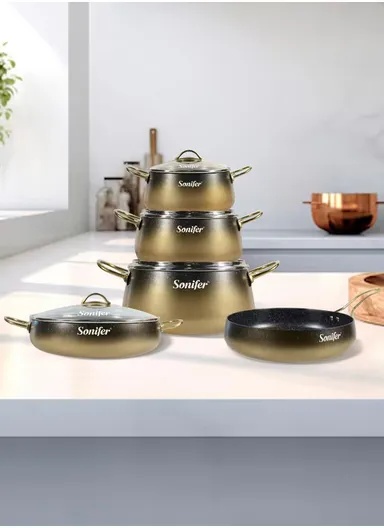 9Pcs 20/24/28cm Wear-Resistant Non-Stick Granite Cookware Set Casseroles with 24cm Deep Fry Pan, 20cm Shallow Pot &amp; 4 Matching Lids SF-1154 - Golden