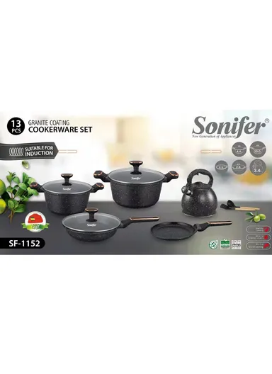 13 Pcs 26/32cm Granite Casserole Set With Deep 28cm Fry Pan, 22cm Pizza Pan &amp; 3.4L Kettle SF-1152