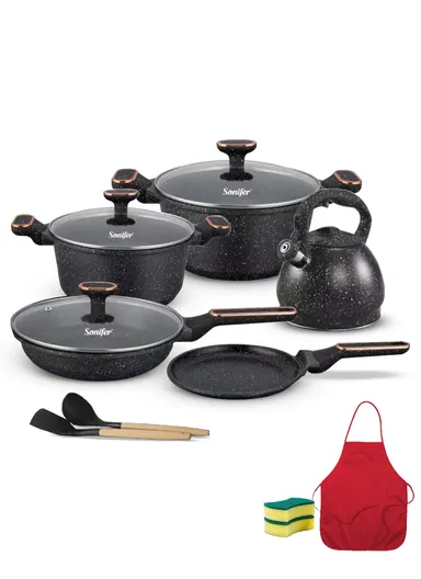 13 Pcs 26/32cm Granite Casserole Set With Deep 28cm Fry Pan, 22cm Pizza Pan &amp; 3.4L Kettle SF-1152