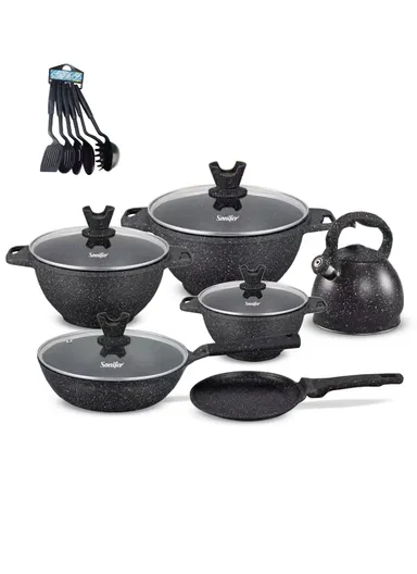 21Pcs Wear-resistant Non-stick Granite Casserole Set With Deep Fry Pan, Pizza Pan &amp; 3.4L Kettle SF-1150 - Black