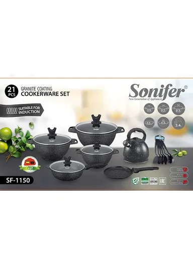 21Pcs Wear-resistant Non-stick Granite Casserole Set With Deep Fry Pan, Pizza Pan &amp; 3.4L Kettle SF-1150 - Black