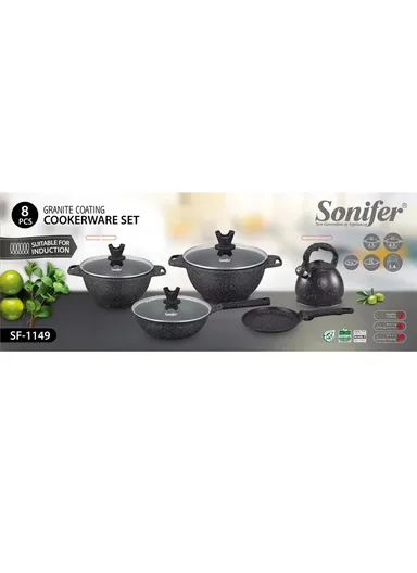 8Pcs Wear-Resistant Non-Stick Granite Casserole Set With Deep Fry Pan, Pizza Pan &amp; 3.4L Kettle SF-1149 - Black