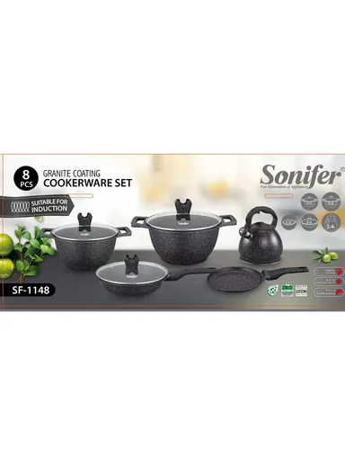 8Pcs 26/30cm Wear-Resistant Non-Stick Granite Casserole Set With 26cm Deep Fry Pan, 22cm  Pizza Pan &amp; 3.4L Kettle SF-1148 - Black