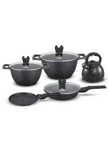 8Pcs 26/30cm Wear-Resistant Non-Stick Granite Casserole Set With 26cm Deep Fry Pan, 22cm  Pizza Pan &amp; 3.4L Kettle SF-1148 - Black
