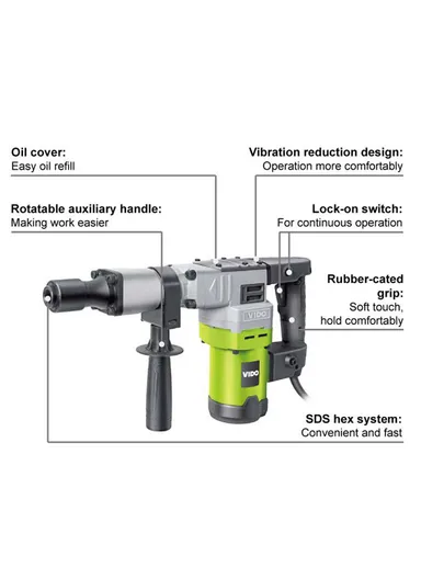 1200W Corded SDS-Demolition Hammer With Carrying Case Chisel Bits For Heavy Duty WD011410175 (L72 x W39 x T18)cm