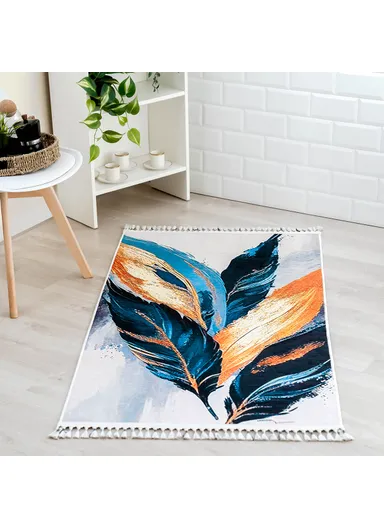 Mango Feathers 160 x 230 cm Cotton 3D Printed Decorative Carpet - Navy Blue / Amber / Cream / Blue