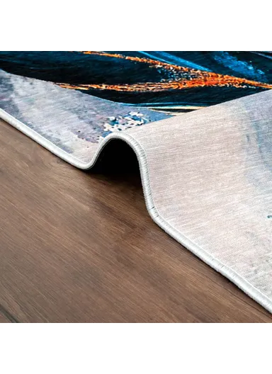 Mango Feathers 160 x 230 cm Cotton 3D Printed Decorative Carpet - Navy Blue / Amber / Cream / Blue