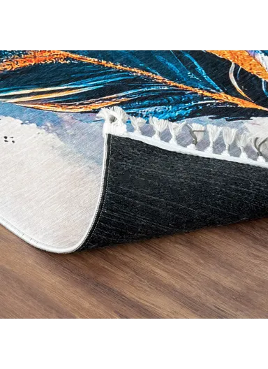 Mango Feathers 160 x 230 cm Cotton 3D Printed Decorative Carpet - Navy Blue / Amber / Cream / Blue