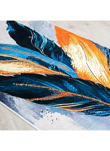 Mango Feathers 160 x 230 cm Cotton 3D Printed Decorative Carpet - Navy Blue / Amber / Cream / Blue