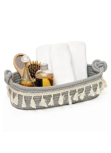 Storage Basket Tassels Decor Cotton Rope Woven Organizer Box AB-042 (W34 x D16 x H12)cm - Light Grey