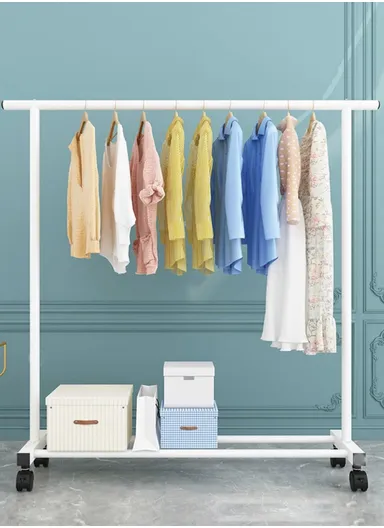 Iron Multi-Functional Single Pole Clothing Rack Bedroom with Wheels (W150 x D35 x H136)cm - White