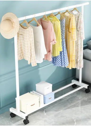 Iron Multi-Functional Single Pole Clothing Rack Bedroom with Wheels (W150 x D35 x H136)cm - White