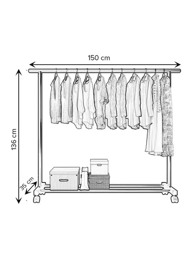 Iron Multi-Functional Single Pole Clothing Rack Bedroom with Wheels (W150 x D35 x H136)cm - White