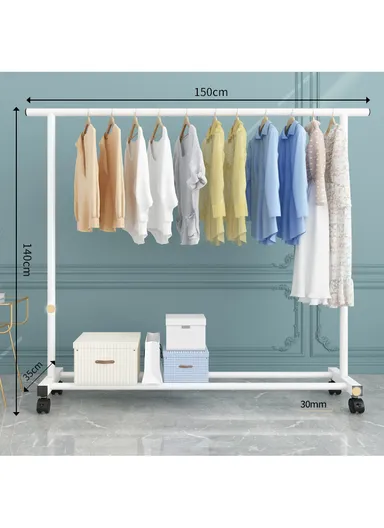 Iron Multi-Functional Single Pole Clothing Rack Bedroom with Wheels (W150 x D35 x H136)cm - White
