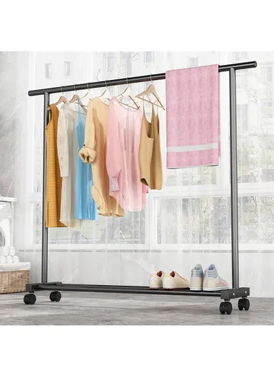 Iron Multi-Functional Single Pole Clothing Rack Bedroom with Wheels (W150 x D35 x H136)cm - White