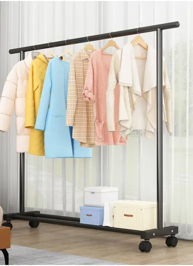 Iron Multi-Functional Single Pole Clothing Rack Bedroom with Wheels (W150 x D35 x H136)cm - White
