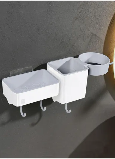 3-Containers Multi-Functional European Wall-Mounted Storage Rack, Wall Mounted Soap Dish with 3-Hooks &amp; Drain Design (L32 x W8.5 x H9.8)cm - Grey