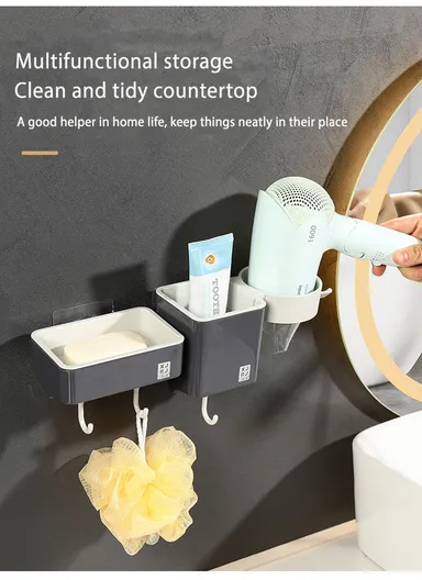 3-Containers Multi-Functional European Wall-Mounted Storage Rack, Wall Mounted Soap Dish with 3-Hooks &amp; Drain Design (L32 x W8.5 x H9.8)cm - Grey