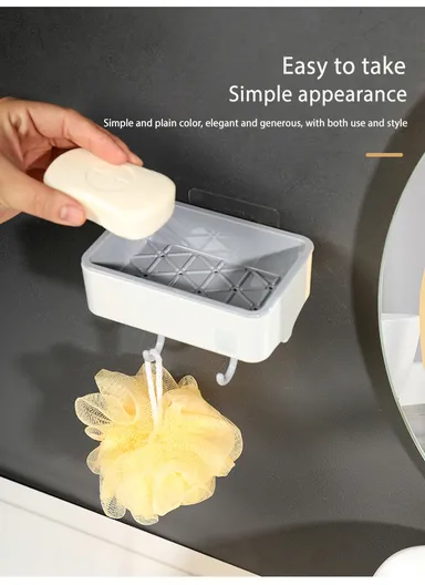 3-Containers Multi-Functional European Wall-Mounted Storage Rack, Wall Mounted Soap Dish with 3-Hooks &amp; Drain Design (L32 x W8.5 x H9.8)cm - Grey