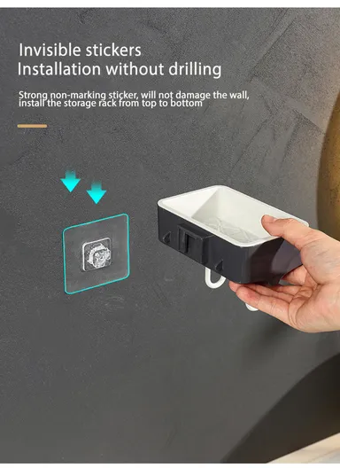 3-Containers Multi-Functional European Wall-Mounted Storage Rack, Wall Mounted Soap Dish with 3-Hooks &amp; Drain Design (L32 x W8.5 x H9.8)cm - Grey