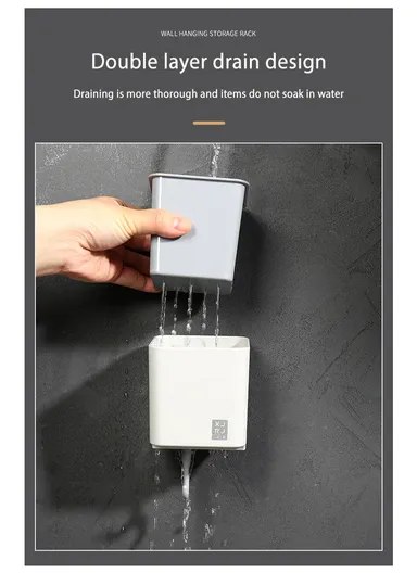 3-Containers Multi-Functional European Wall-Mounted Storage Rack, Wall Mounted Soap Dish with 3-Hooks &amp; Drain Design (L32 x W8.5 x H9.8)cm - Grey