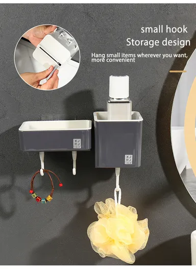 3-Containers Multi-Functional European Wall-Mounted Storage Rack, Wall Mounted Soap Dish with 3-Hooks &amp; Drain Design (L32 x W8.5 x H9.8)cm - Grey